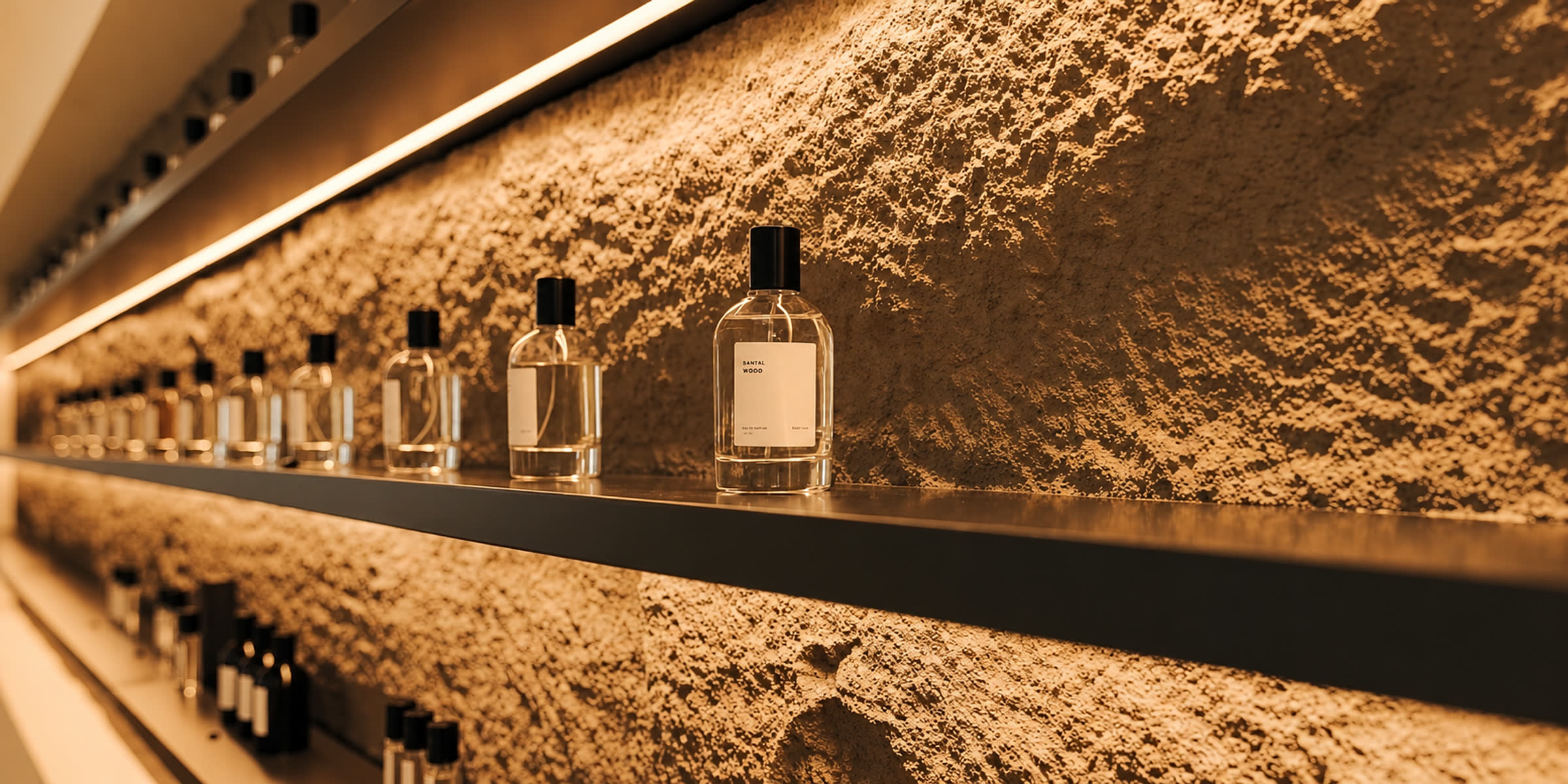 A shelf of perfume bottles against a warm textured wall