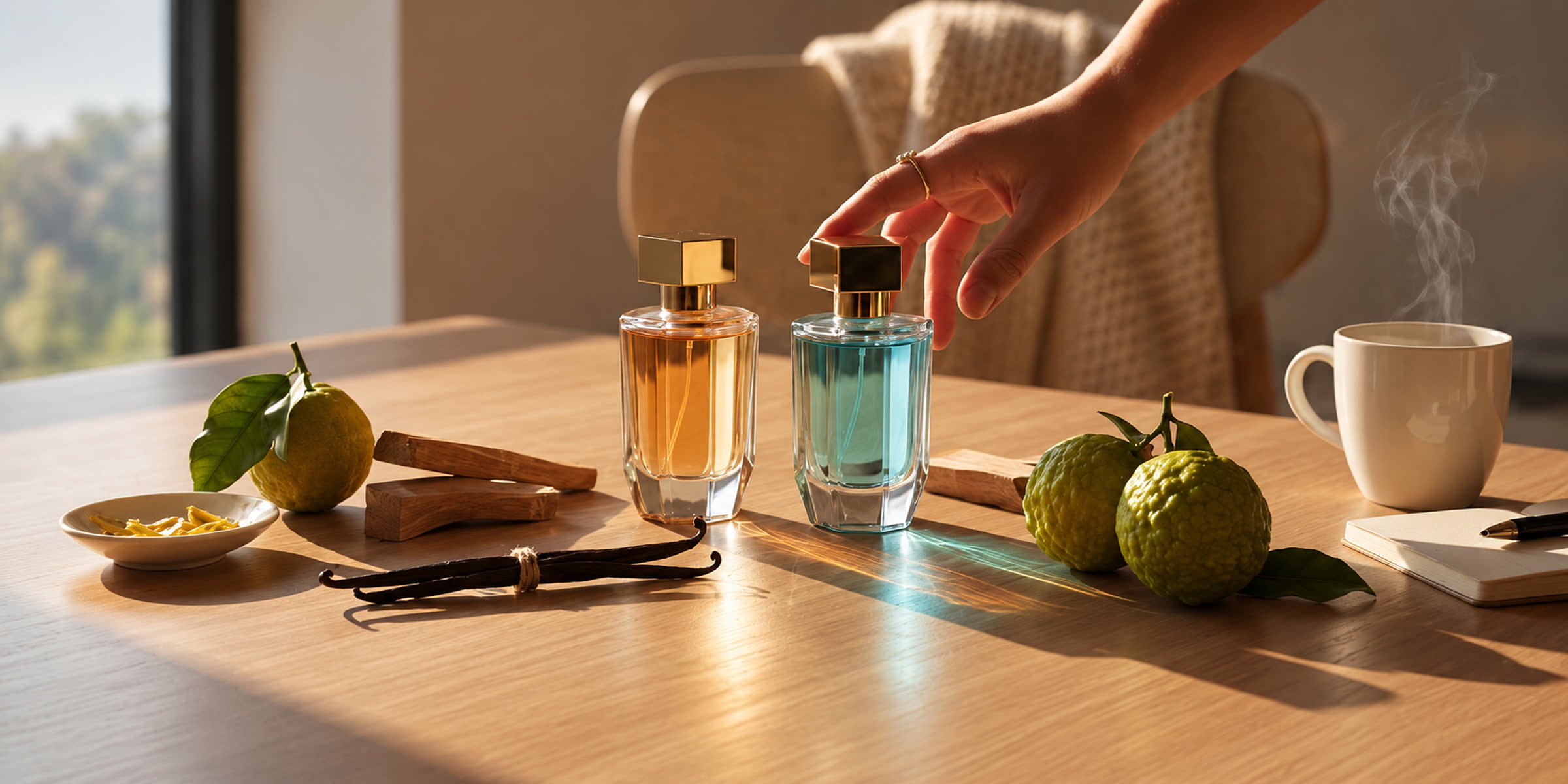 A hand reaching for one of two perfume bottles in morning light